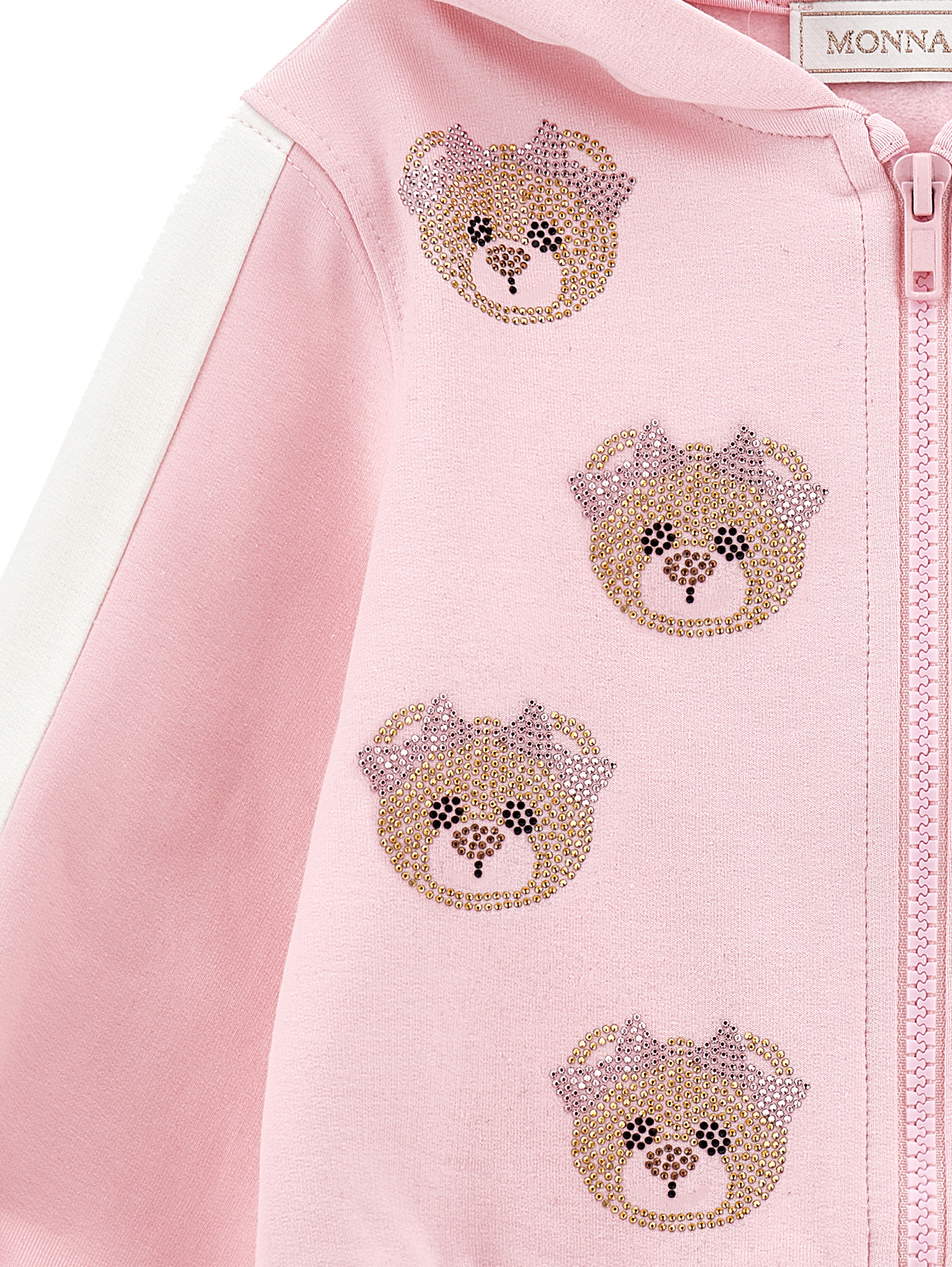 Monnalisa Zip-up Sweatshirt With Rhinestone Teddy Bears In Rosa Fairytale + Cream