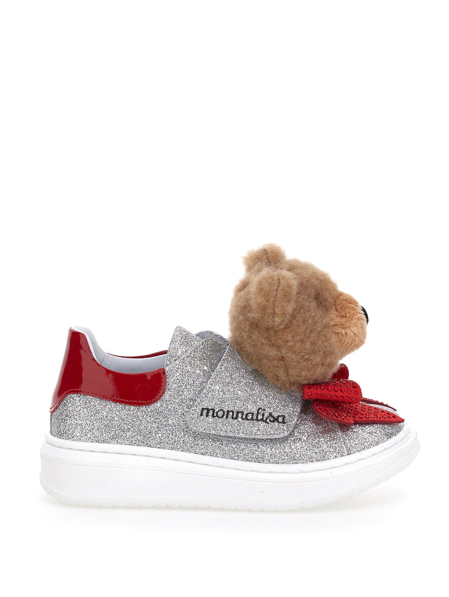 Monnalisa Fine Glitter Teddy Bow Sneakers In Silver Glitter