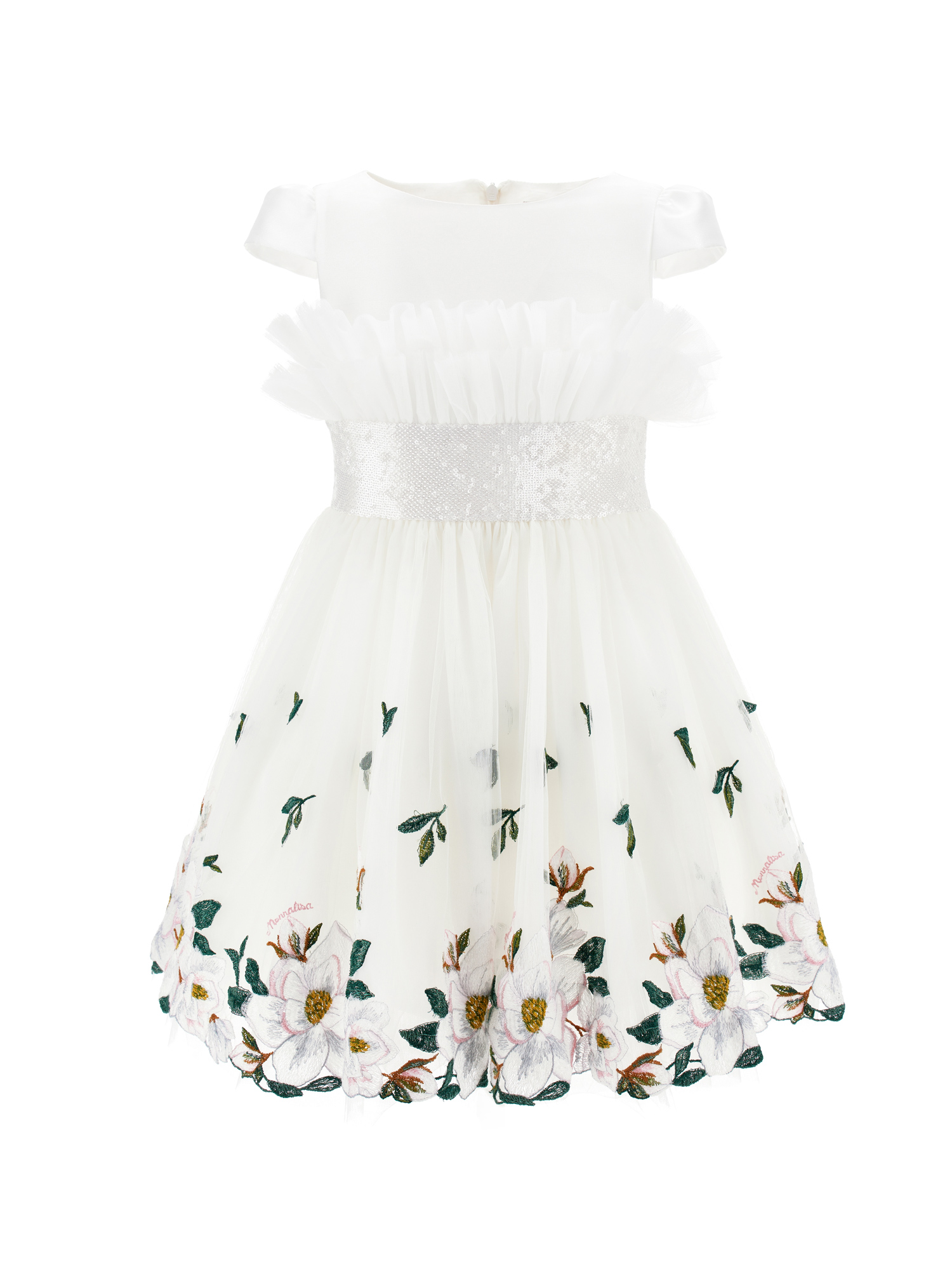 Monnalisa Magnolia Embroidered Tulle Dress In Cream