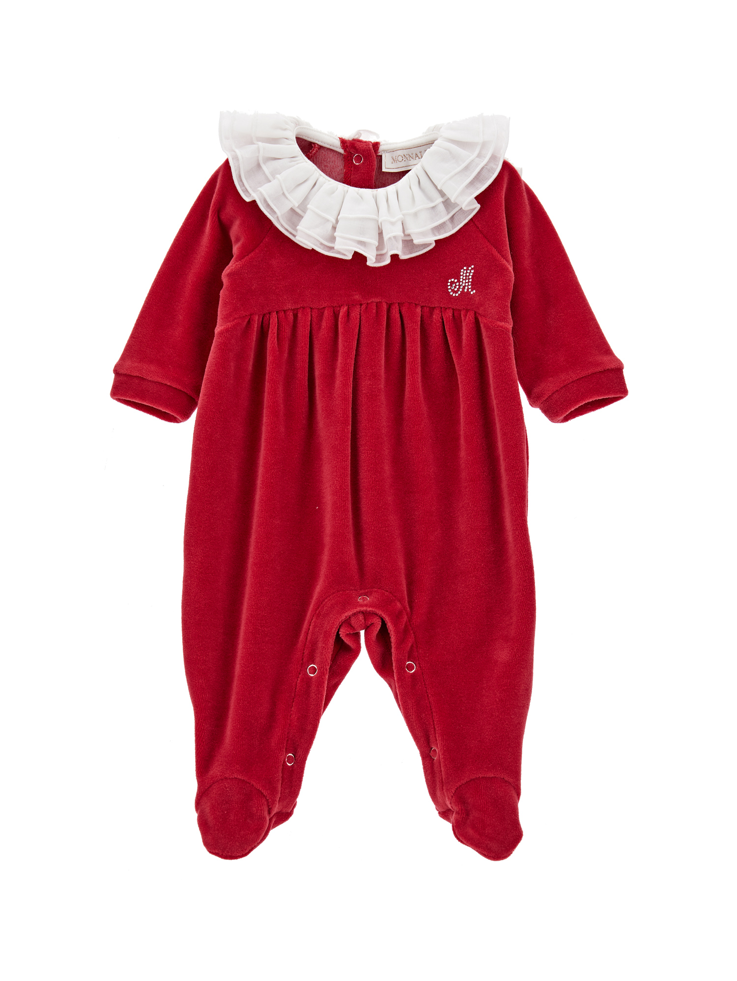 Shop Monnalisa Chenille Playsuit With Muslin Collar In Ruby Red