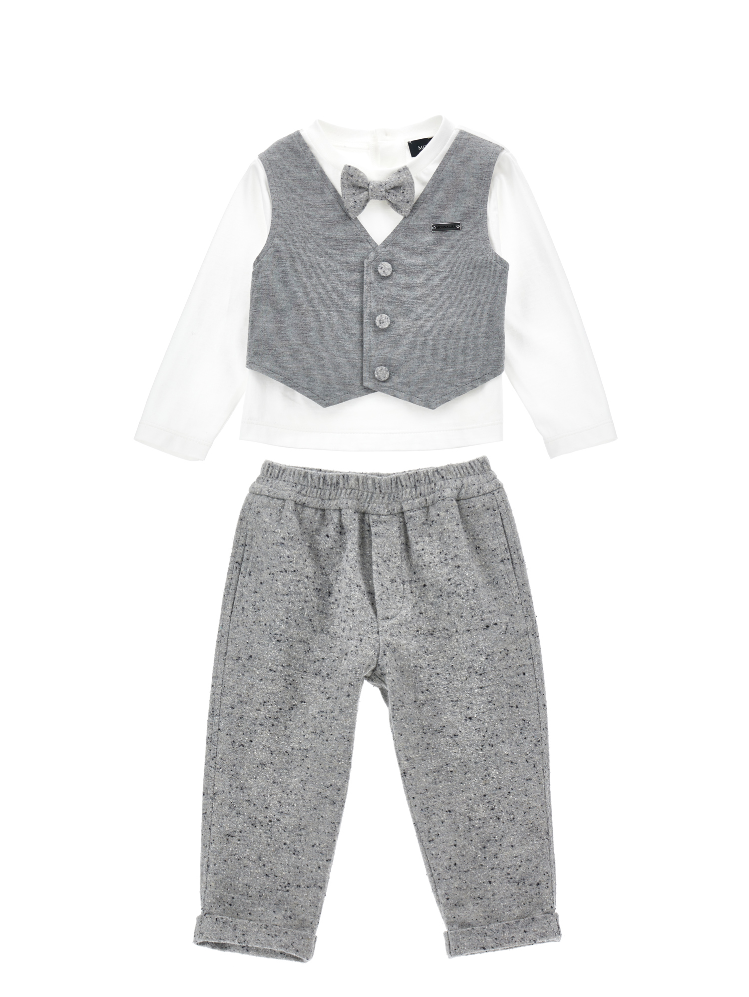 Monnalisa Elegant Playsuit With Bow Tie In Cream + Grey