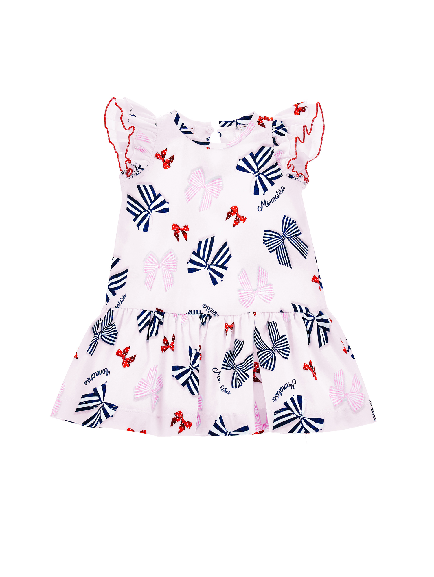Monnalisa Babies'   Low-waisted Cotton Dress In Pink + Navy Blue