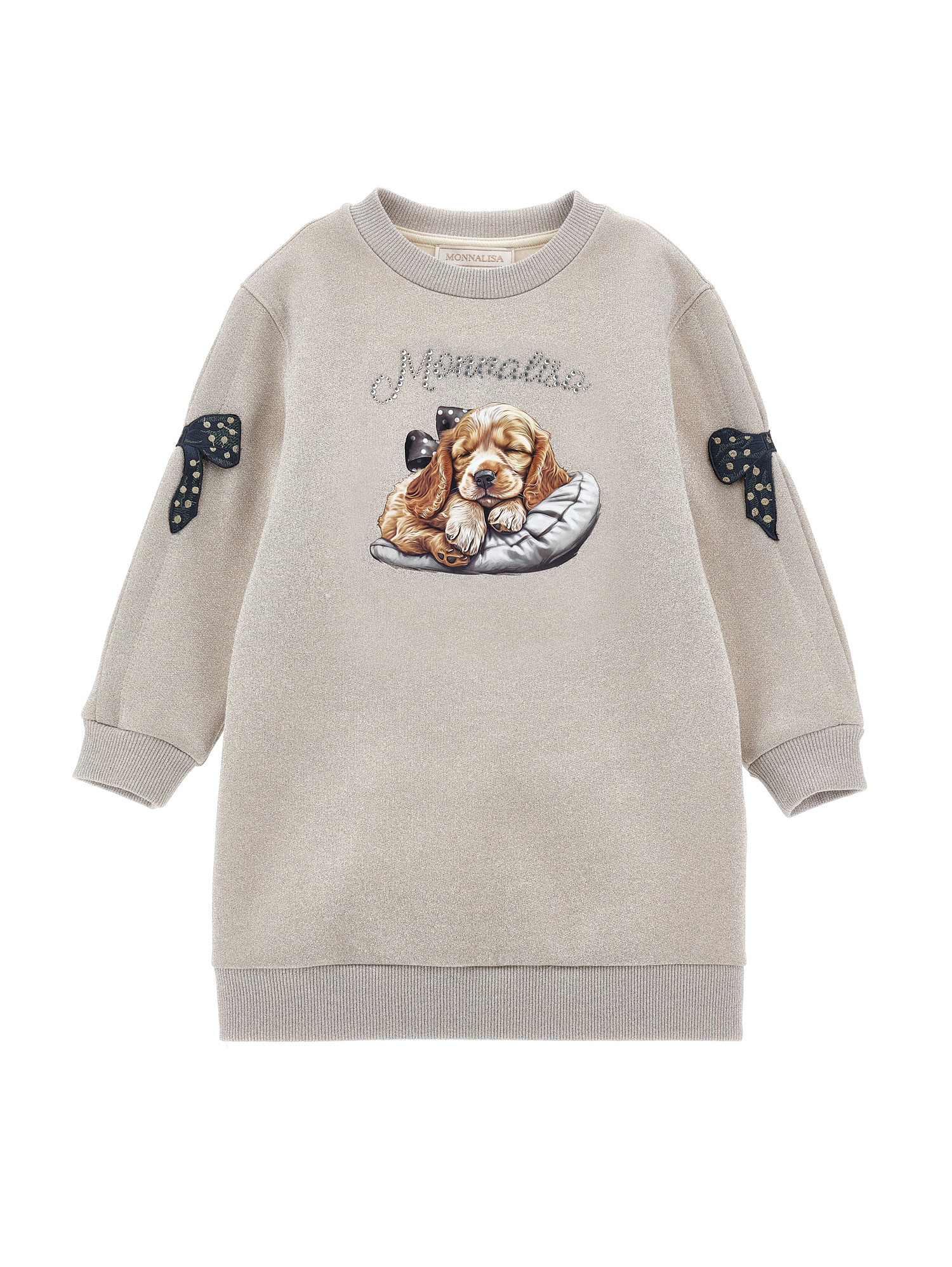 Monnalisa Lurex Sweatshirt Dress With Bows In Ecru + Silver