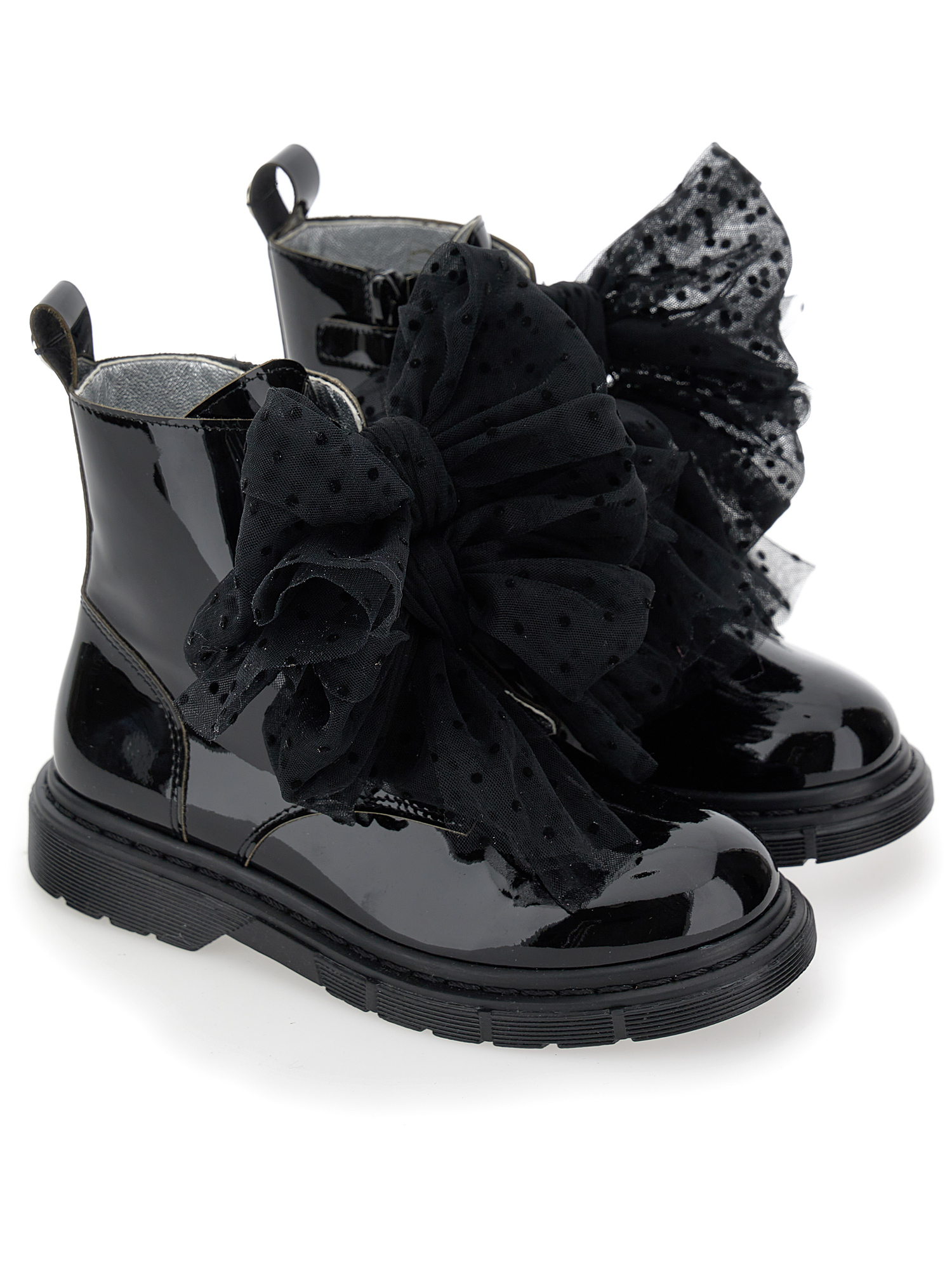 Monnalisa Sheepskin And Leather Combat Boots With Bows In Black