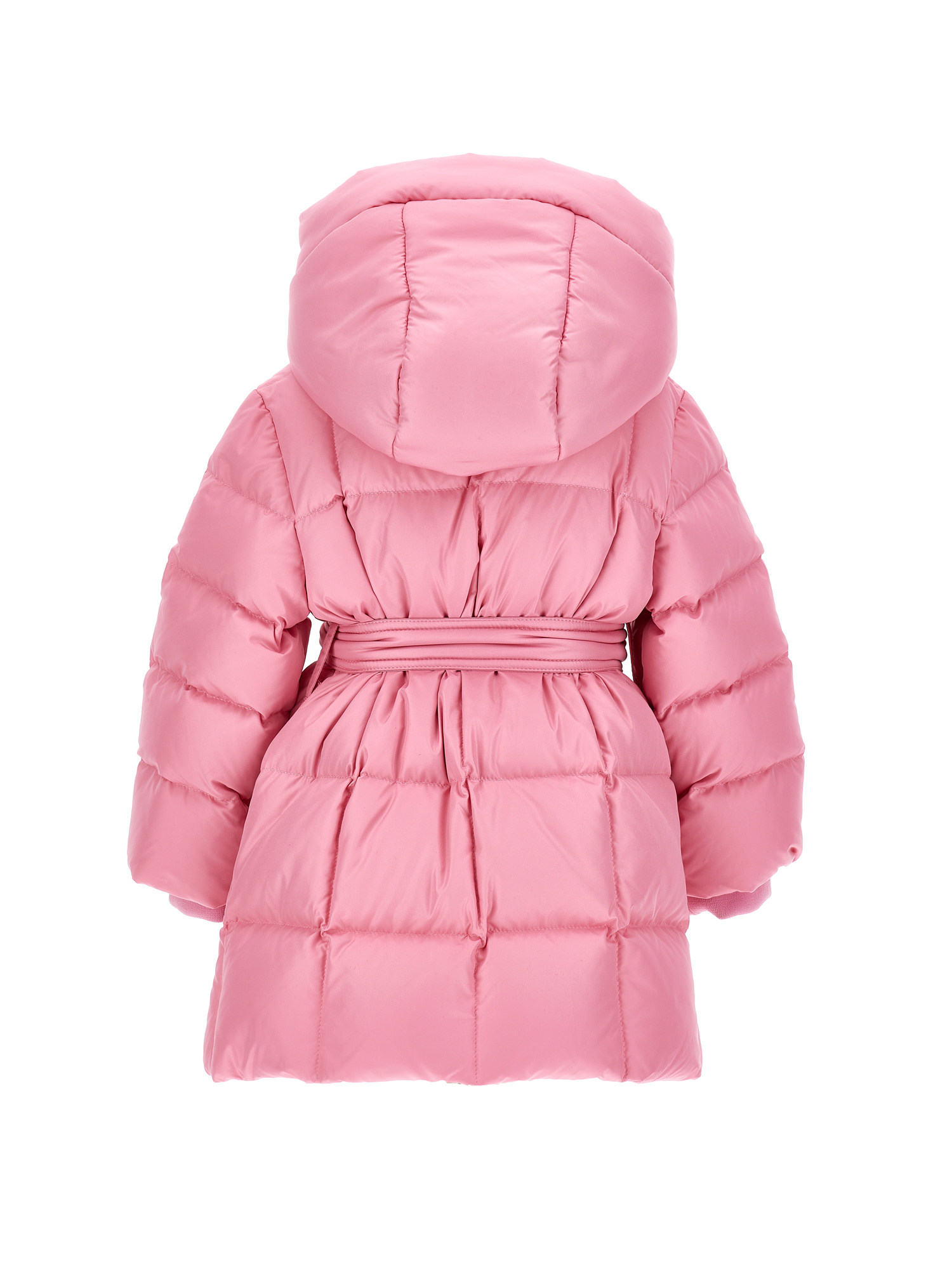 Monnalisa Goose Down Padded Jacket With Belt In Bright Peach Pink