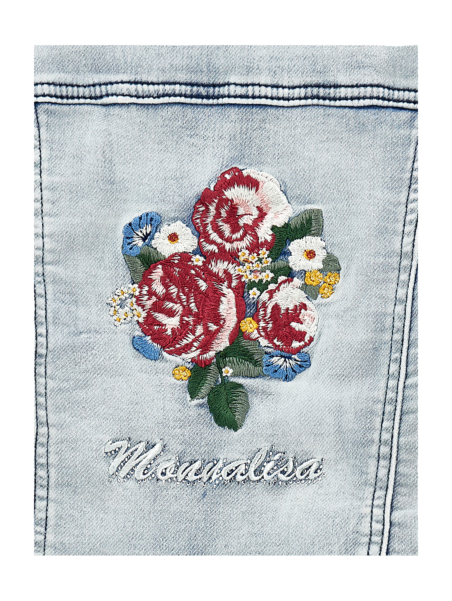 Monnalisa Embroidered Denim Jacket In Stone Bleach