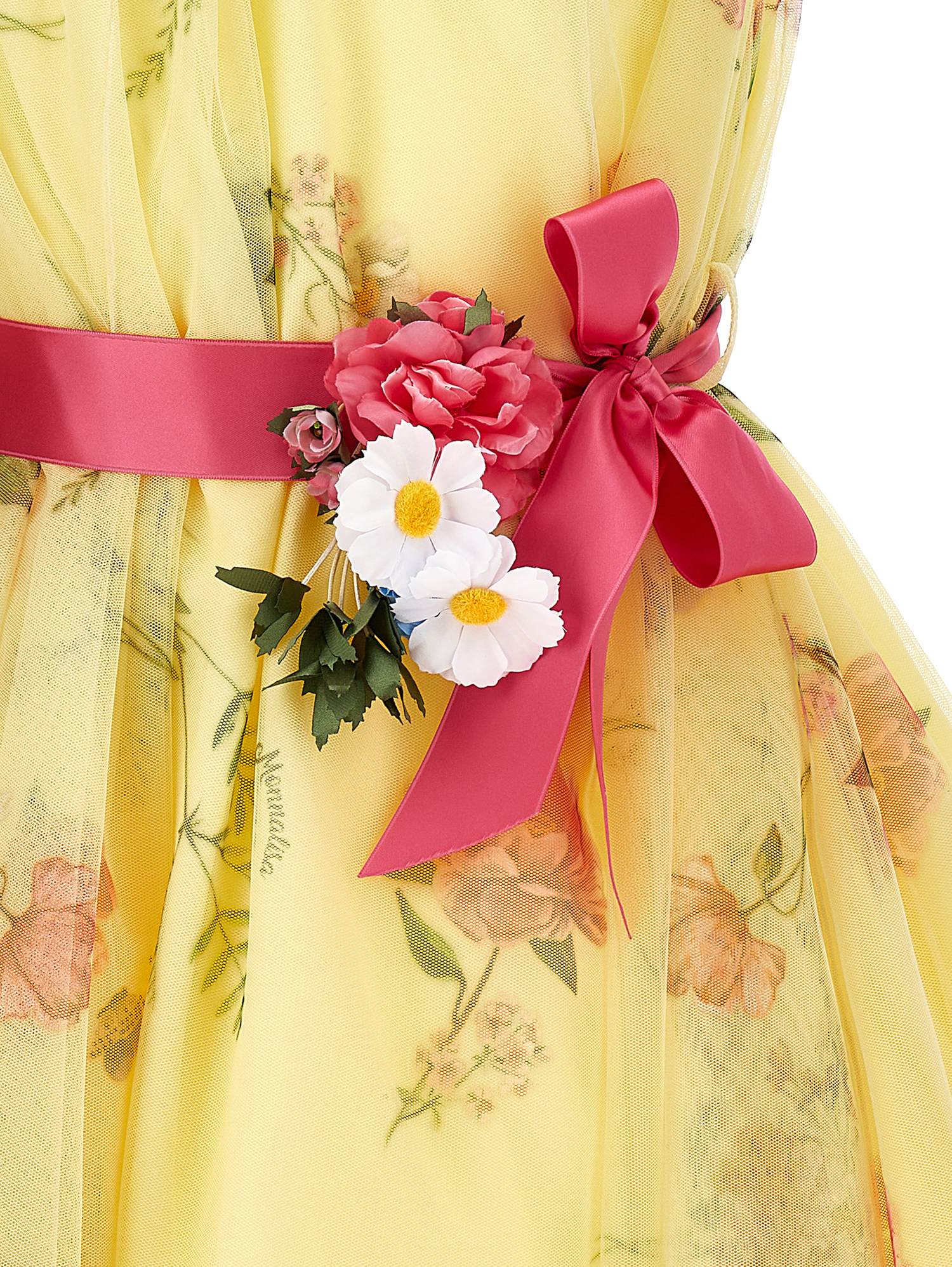 Monnalisa One Shoulder Tulle Dress In Light Yellow + Multicolour