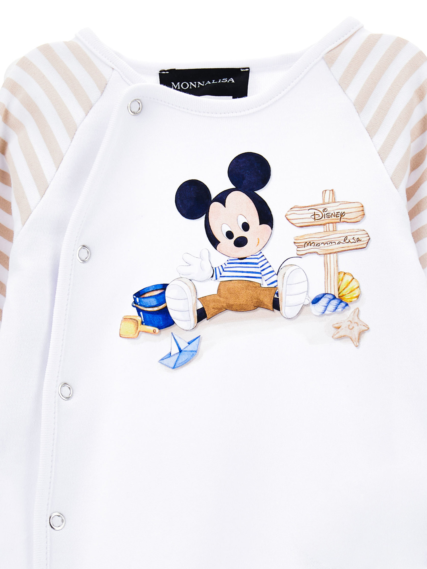 Monnalisa Mickey Playsuit With Striped Sleeves In White + Ecru