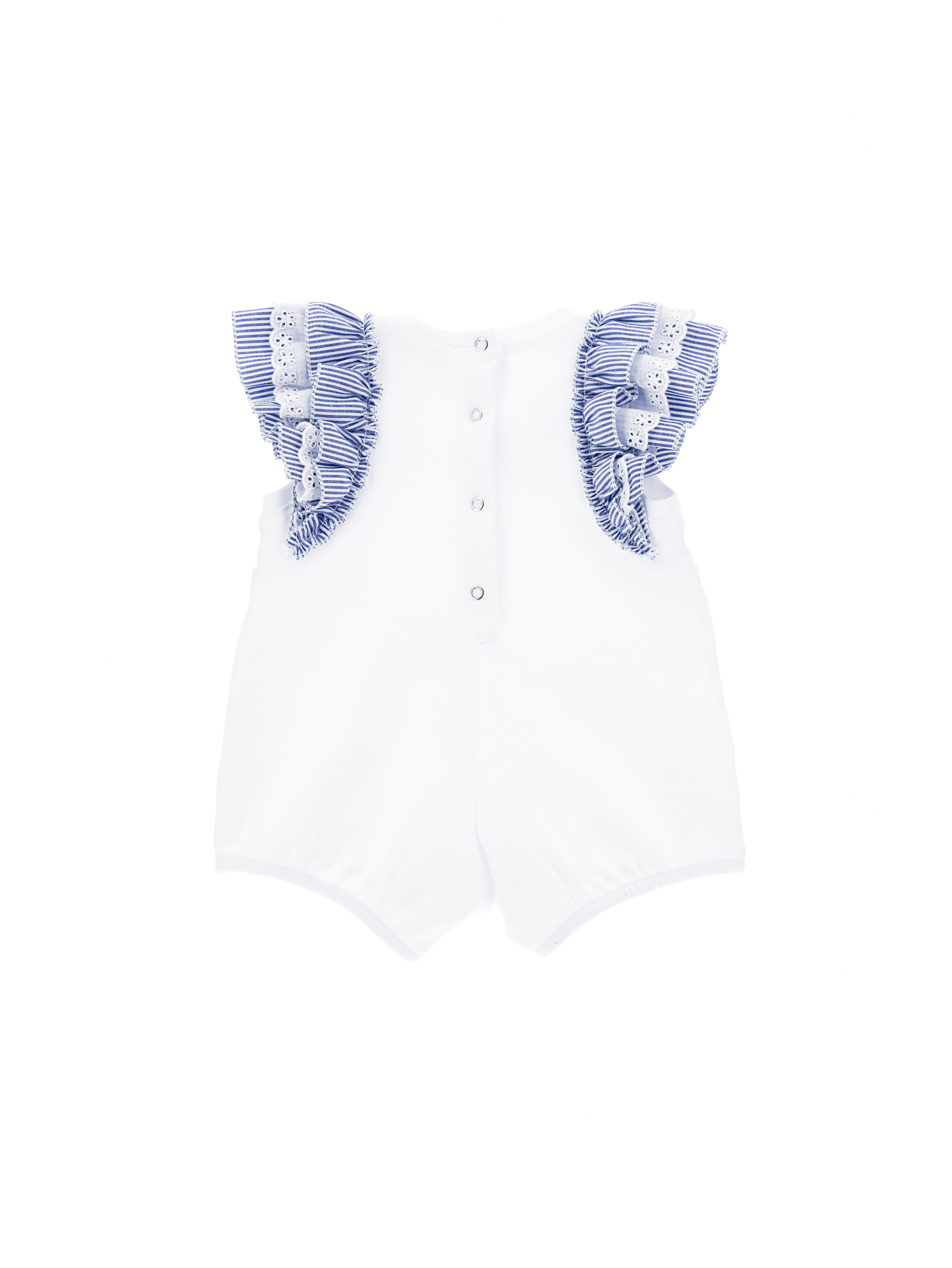Shop Monnalisa Romper With Logoed Ruffles In White + Blue