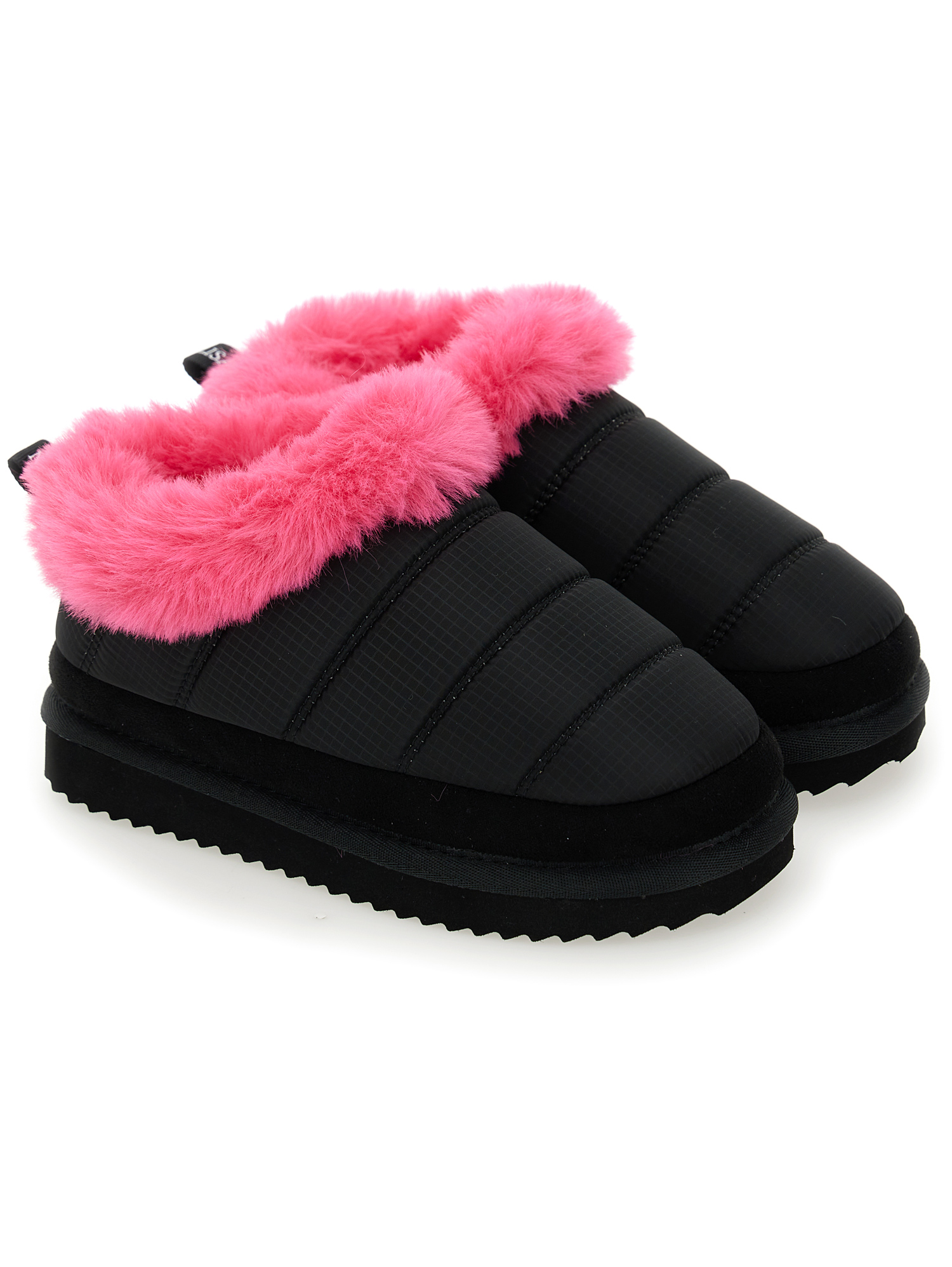 Monnalisa Technical Fabric And Plush Slip-ons In Black + Fuchsia