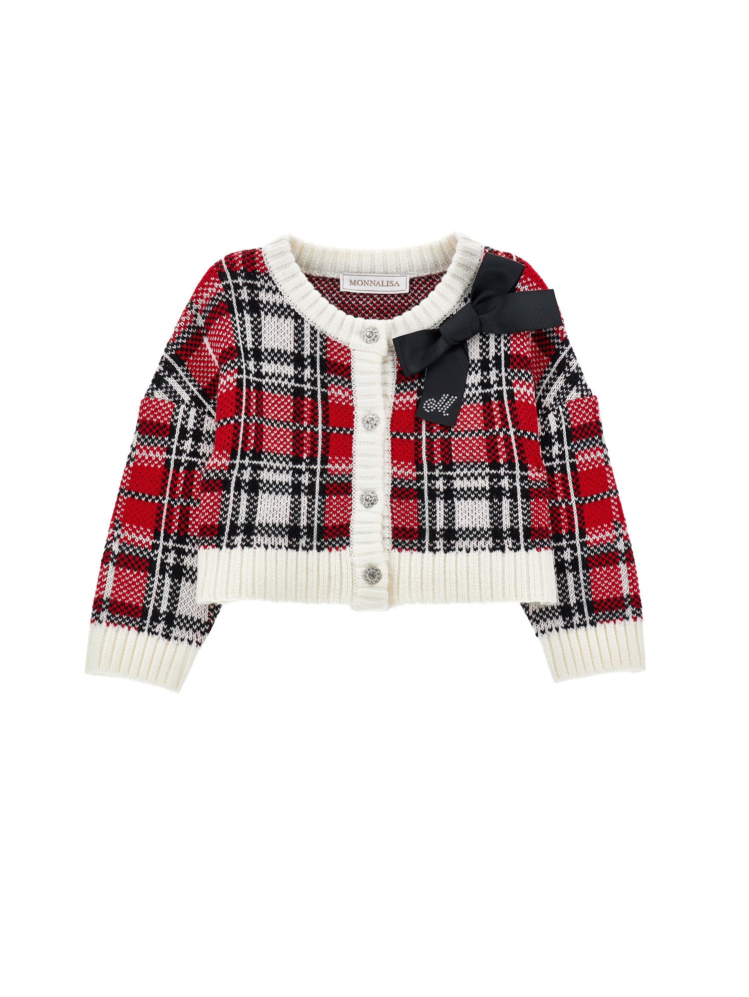 Monnalisa Tartan Wool Blend Sweater In Red + Cream
