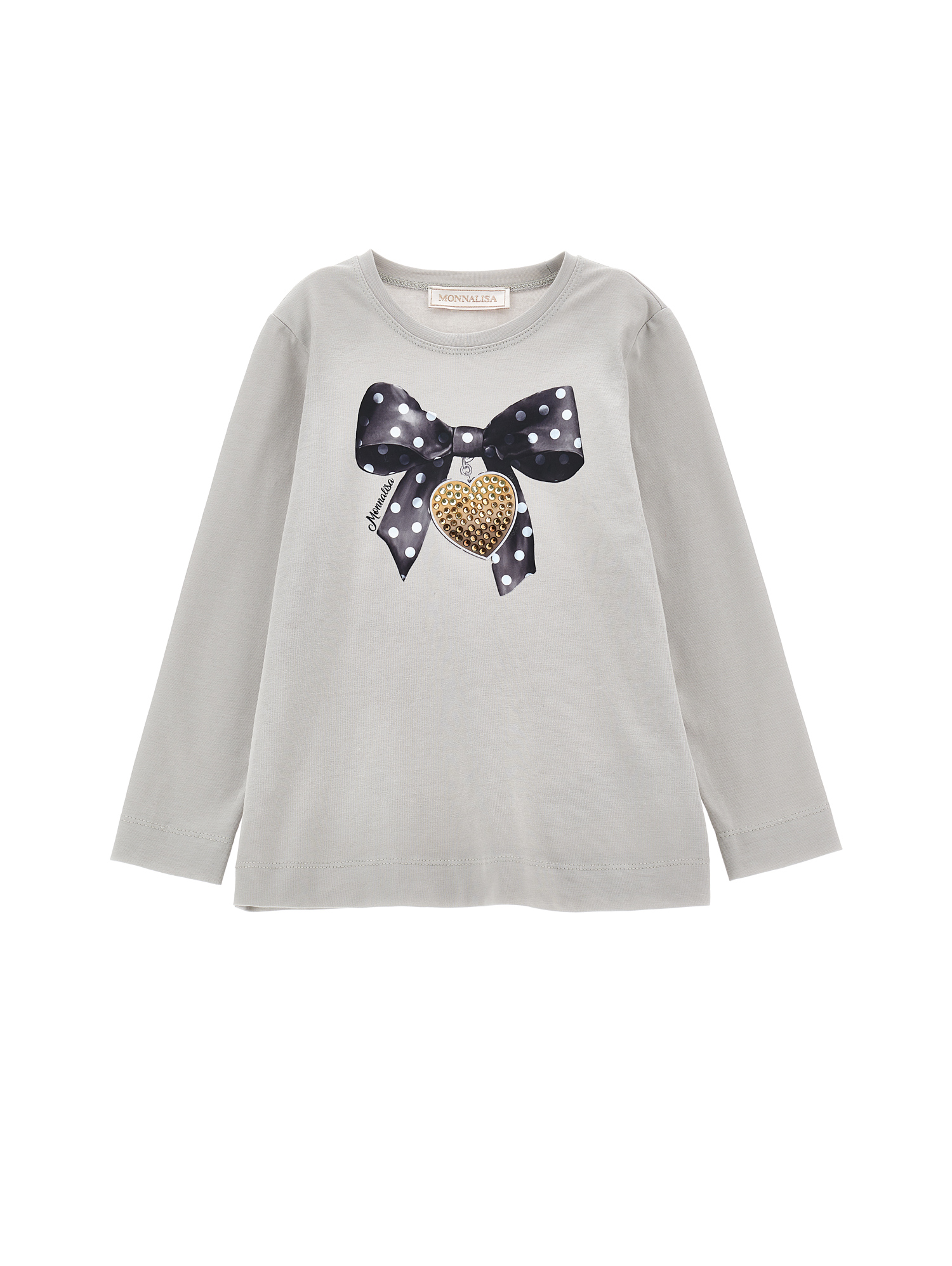 Monnalisa Cotton T-shirt With Bow Print In Pearl Grey