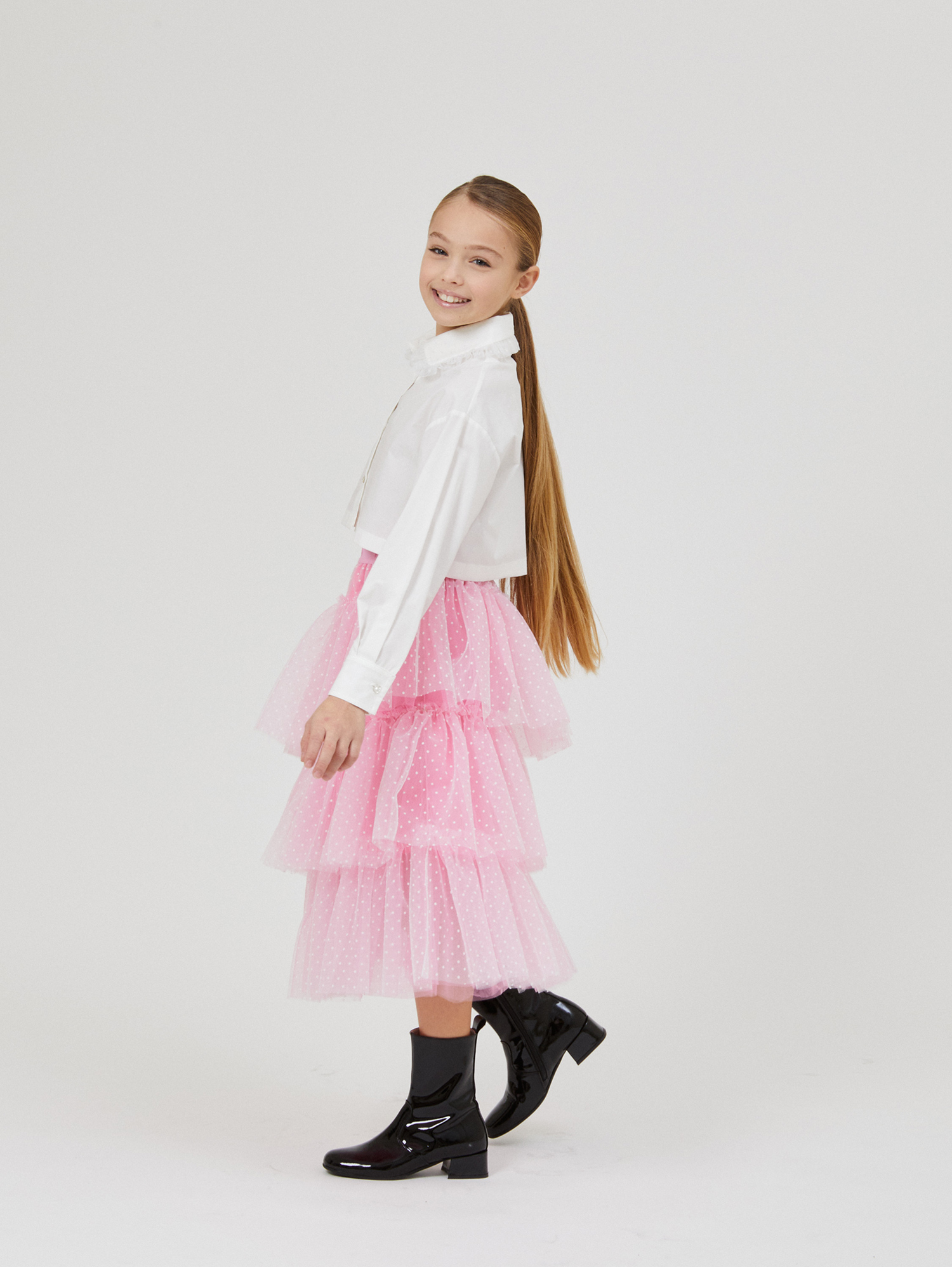 Shop Monnalisa Midi Tulle Skirt In Candy Pink + Cream