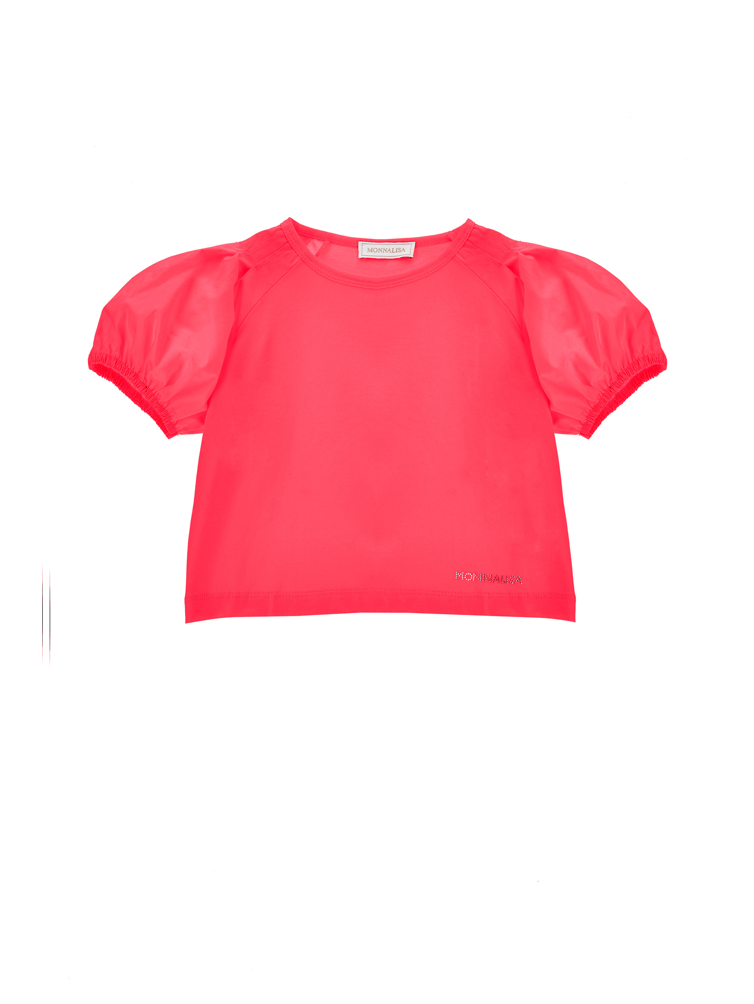 Monnalisa Poplin Sleeved Jersey T-shirt In Bright Peach Pink