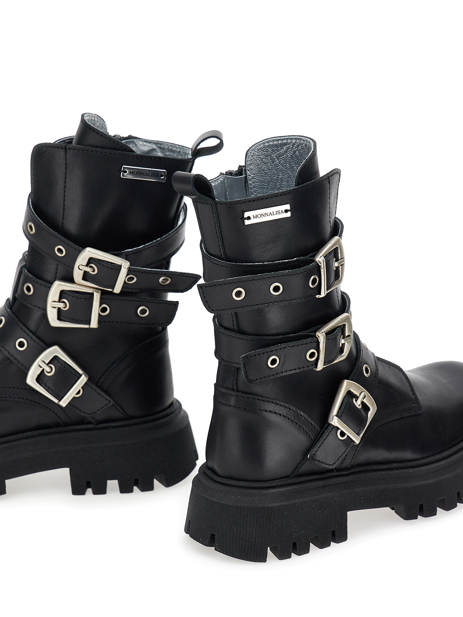 Shop Monnalisa Leather Biker Boots With Buckles In Black
