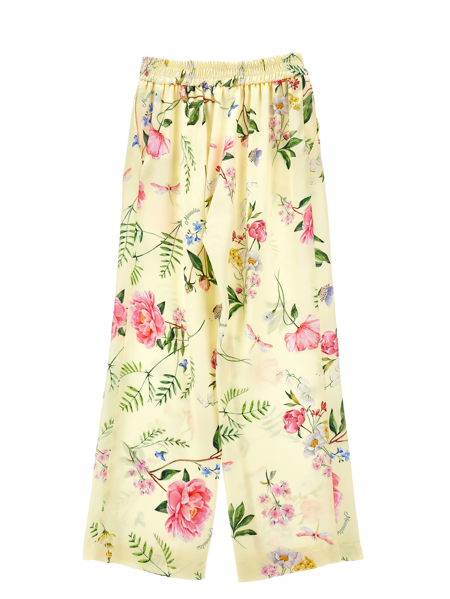 Monnalisa Botanical Satin Trousers In Light Yellow + Multicolour