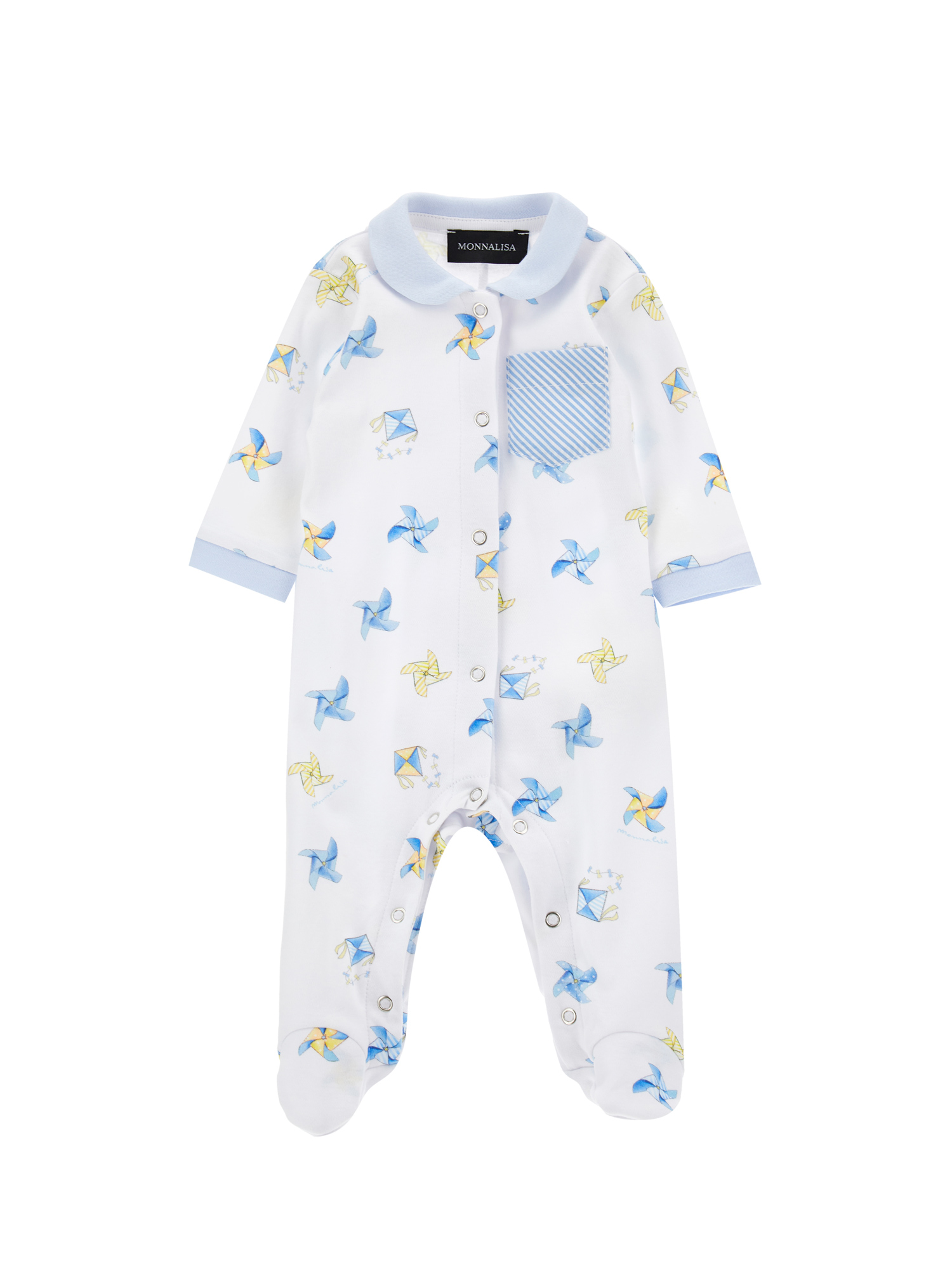 Monnalisa Cotton Playsuit With Pinwheel Print In Cloud + Light Yellow