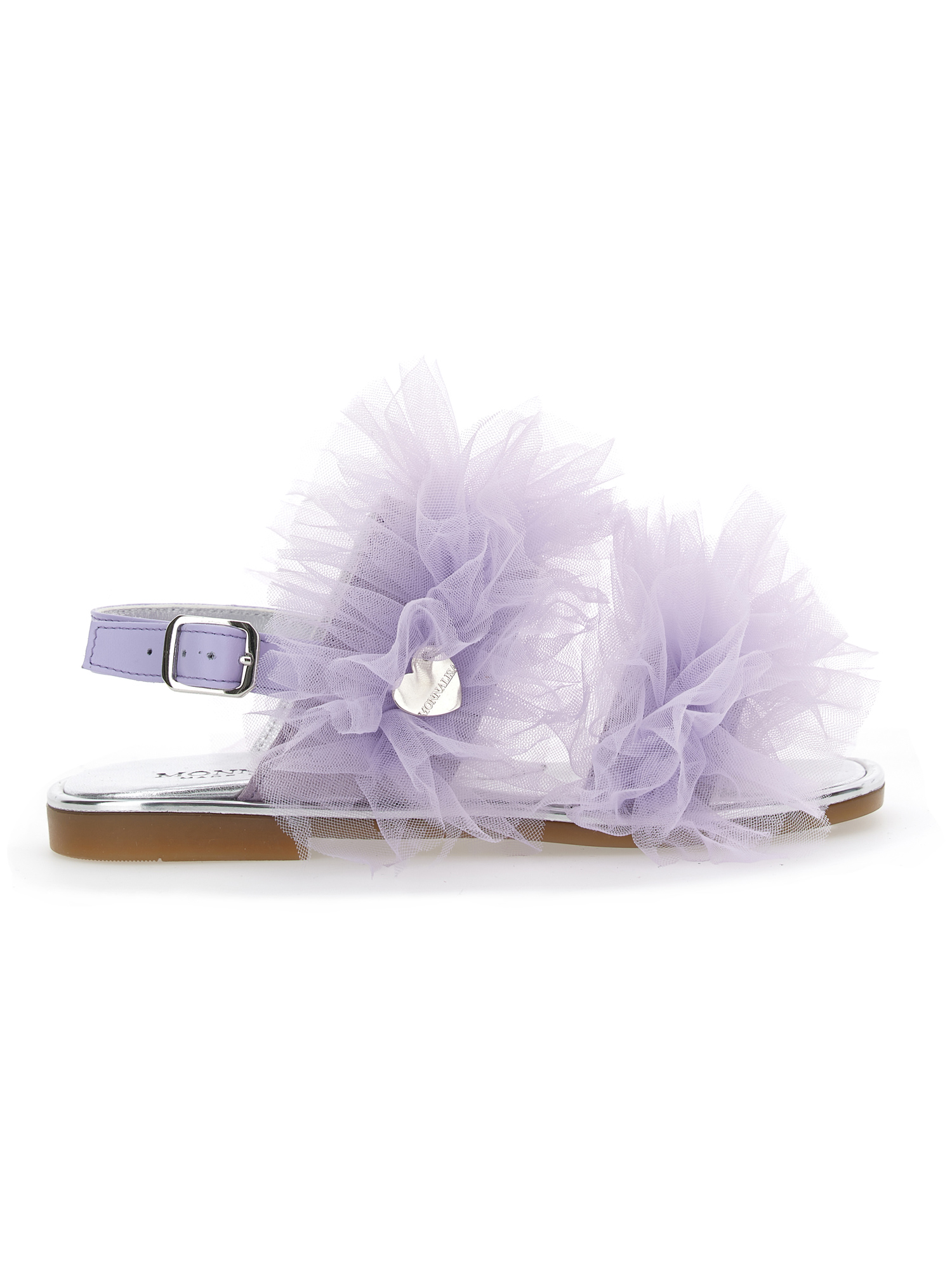 Monnalisa Nappa Leather Sandals With Tulle Ruffles In Wisteria