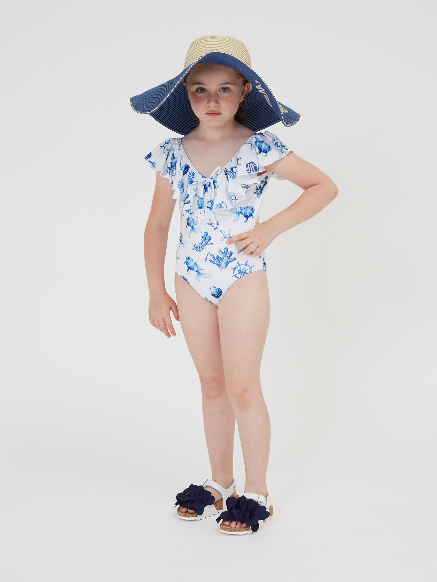 Monnalisa Marine Stretch Swimsuit In White + Blue