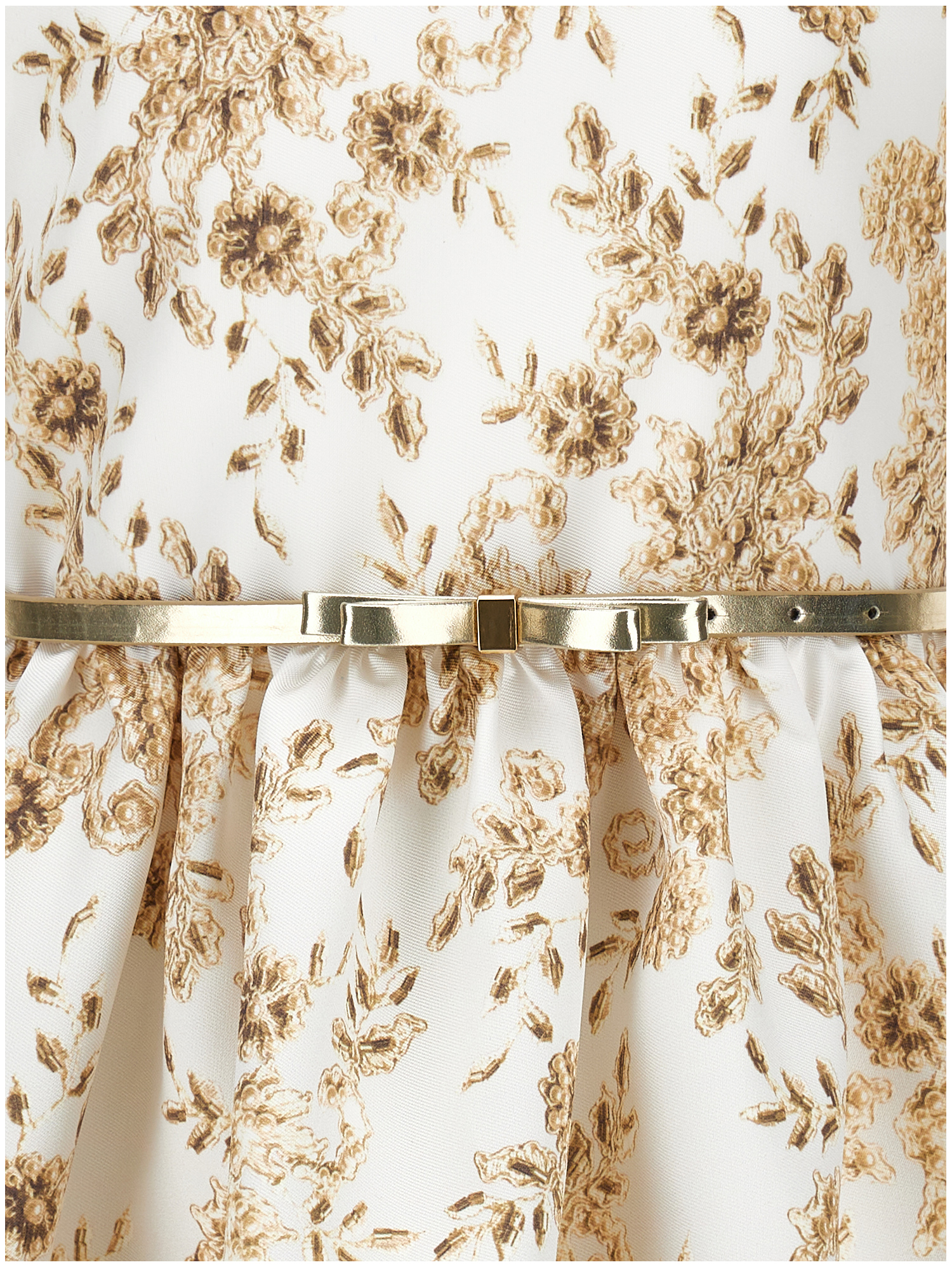 Monnalisa Mikado Dress With Ramage Print In Cream + Gold