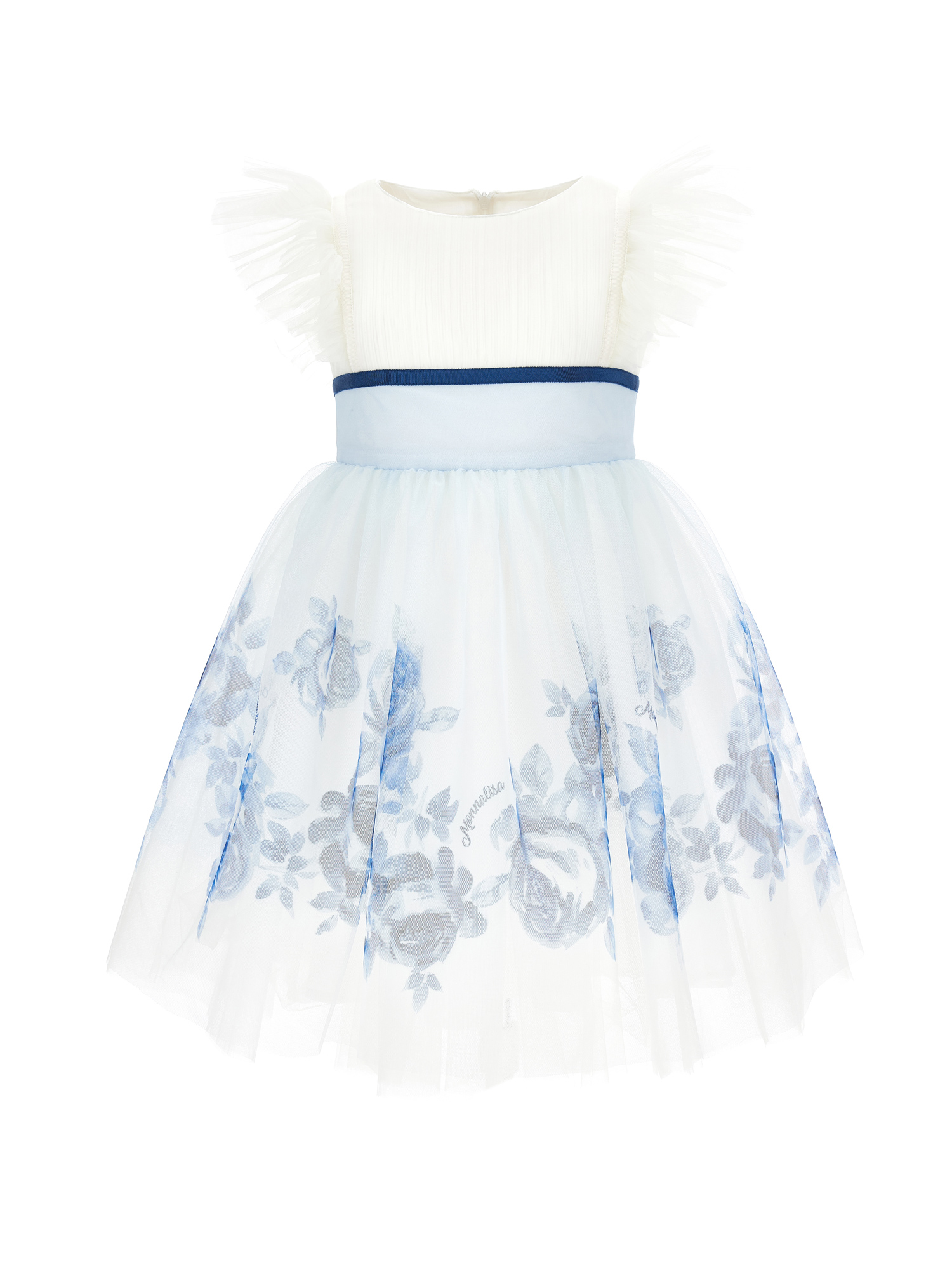 Monnalisa Kids'   Tulle Dress With Dégradé Roses In Cream + Electric Blue